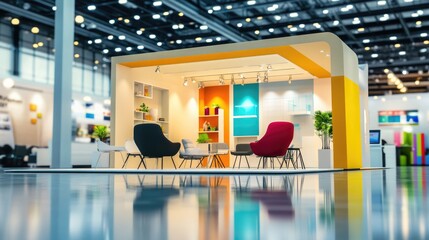 Booths – Sleek Photo of Minimalistic Trade Show Booths with Different Brand Colors and Simple Decorations
