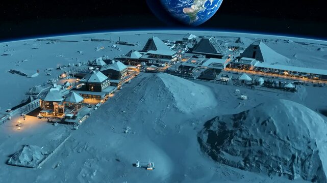 Aerial night view of a human base on the moon. A panoramic view captures the moon base nestled in a crater, emphasizing its isolation and beauty in the cosmos.