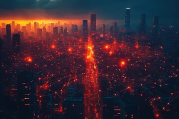 Fototapeta premium illuminated network of glowing connections overlaying diverse crowd silhouettes smart city data visualization abstract urban technology concept