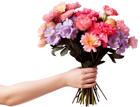 Female hand holding A bouquet of flowers PNG isolated on white and transparent background - Flower offering gift delivery and holiday greetings Love Concept