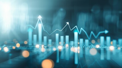Dynamic financial growth visualization, vibrant data analytics background, illuminated upward trends, abstract digital chart with glowing elements and blurred effects.