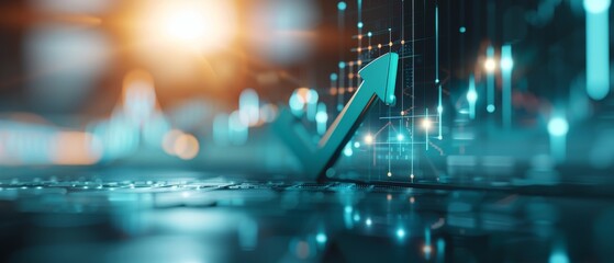 Digital Growth Surge, a vibrant upward arrow symbolizes market expansion against a backdrop of glowing data charts, representing emerging opportunities in finance and technology.