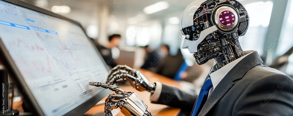 Poster a futuristic robot in a suit interacts with a digital interface in a modern office environment, show