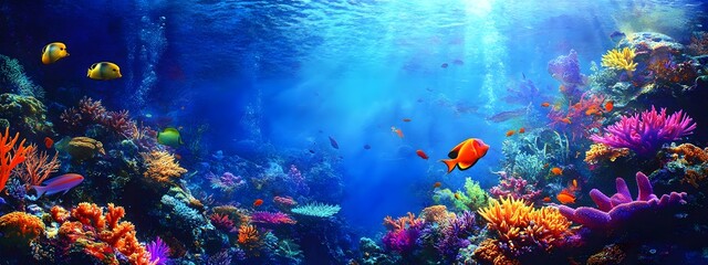 Naklejka premium Beautiful, colorful coral reef fish swimming in the ocean, with vibrant colors and stunning corals on both sides of an aquarium tank