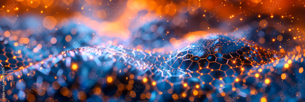 Poster abstract background. digital matrix of connected hexagons with orange and blue colors. copy space. t