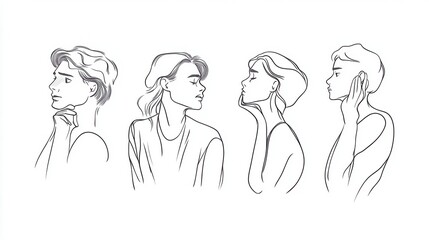 Fototapeta premium Minimalist line art of characters displaying various gestures of contemplation, like rubbing their head or placing a hand on their chin, white background 