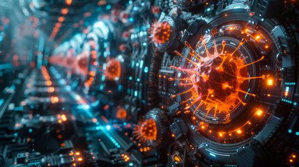 Obraz premium Bright neon antivirus in the digital technological world. Abstract background.