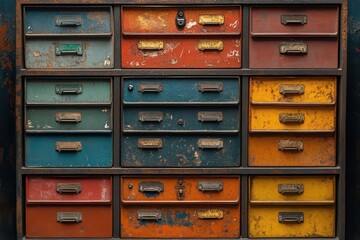 imposing metallic file cabinet rows of labeled drawers slight patina office ambiance organized chaos of paperwork