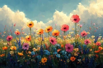 Obraz premium impressionist wildflower meadow vibrant digital oil painting capturing the lush beauty of a summer field bursting with colorful blooms and dancing light