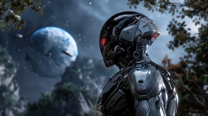 Fototapeta premium Cyberpunk Robot Looking at Earth from Space