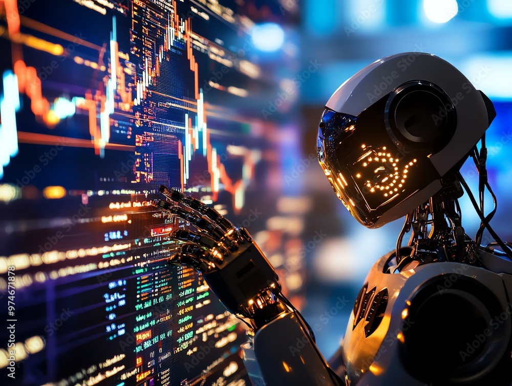 Poster a futuristic robot interacts with digital data, showcasing advanced technology and artificial intell