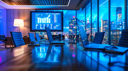 Modern technological office interior with modern computers and screens in neon blue background. Technology concept.