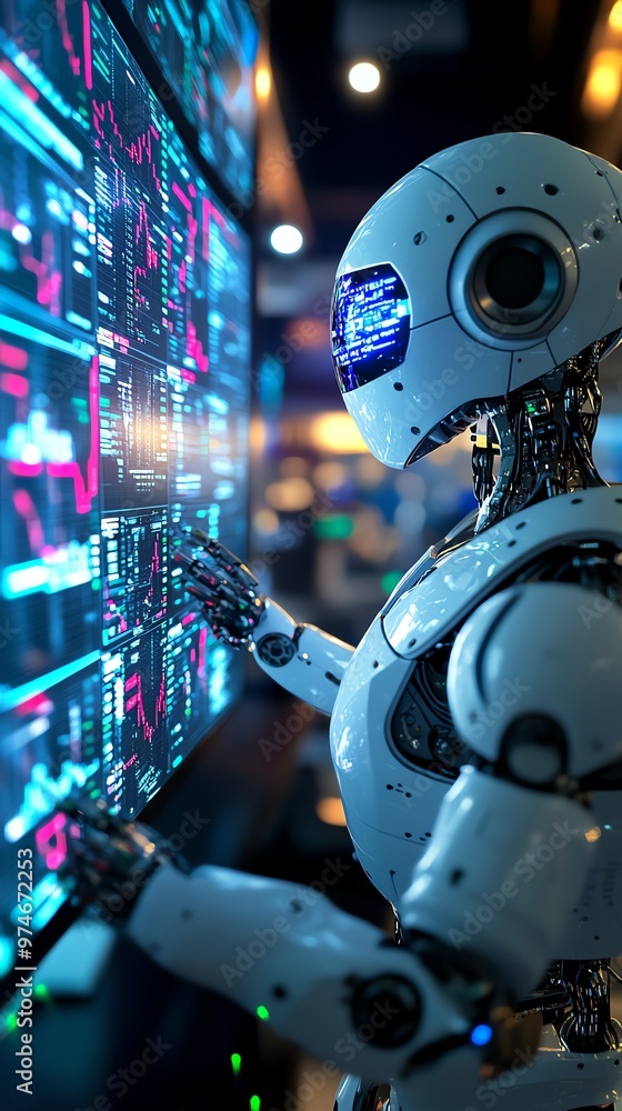 Poster a futuristic robot interacts with digital screens, showcasing advanced technology and innovation in 
