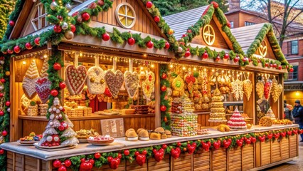 Naklejka premium Gingerbread stall with festive decorations at a Christmas market , Christmas, holiday, winter, gingerbread cookies