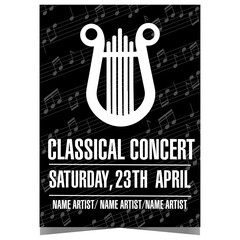 Classical music concert poster or banner with elegant harp on black background of musical notes. Invitation leaflet, flyer or handout for live instrumental event and artistic performance.