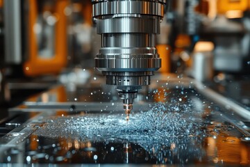 industrial precision closeup of cnc milling machine in action metal shavings flying precise robotic arm blue coolant spray