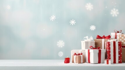 Festive gift display, beautifully wrapped presents in various sizes and colors, adorned with ribbons, against a soft, snowy blue background, evoking holiday cheer.