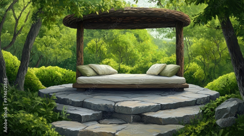 Poster A bed with pillows and a canopy in the middle of some rocks, AI