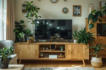 White oak wooden TV stand with two doors, holding an LED TV, surrounded by plants, books, and decor in a minimalist living room.