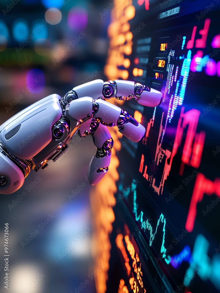 Aufkleber a futuristic robotic hand interacting with vibrant data charts, symbolizing advanced technology and 
