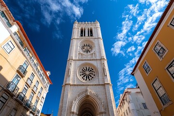 The towering Lisbon Cathedral, with its imposing Romanesque architecture framed by narrow streets