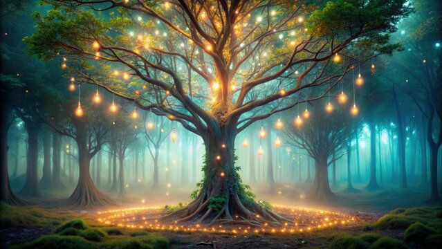 Futuristic tree with glowing lights in a mystical forest setting, Futuristic, Tree, Glowing lights, Mystical, Forest