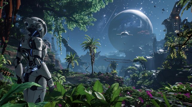 Robot in a Lush Alien Landscape