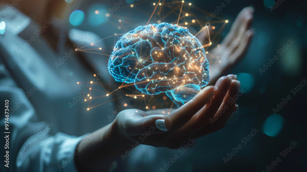 Aufkleber a lab scientist holds a digital holographic brain made of glowing connection points. technology, sci
