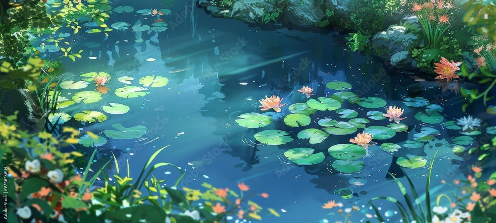 Poster serene pond with lily pads - natural background for relaxation and calmness generative ai