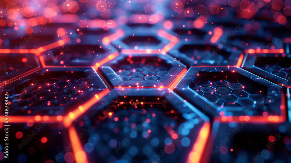 Poster abstract background. close-up of hexagonal dark tiles with gold neon edges. technology concept.