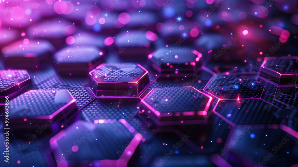 Poster abstract background. close-up of hexagonal dark tiles with gold neon edges. technology concept.