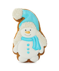 Tasty Christmas cookie in shape of snowman isolated on white
