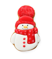 Tasty Christmas cookie in shape of snowman isolated on white