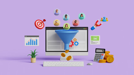 Lead generation. CRO, conversion rate optimization concept. customer retention. Inbound marketing strategy. Audience outreach. 3D computer with marketing funnel and lead generation icons