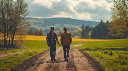 Father and son farmers walking on dirt road beside agricultural field and trees on other side and discussing something in spring time : Generative AI