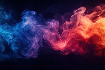 Obraz premium intense clash of blue and red smoke effects on black background dynamic swirling tendrils create abstract forms symbolizing conflict high contrast and vivid colors evoke energy and competition