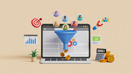 Lead generation. CRO, conversion rate optimization concept. customer retention. Inbound marketing strategy. Audience outreach. 3D laptop with marketing funnel and lead generation icons