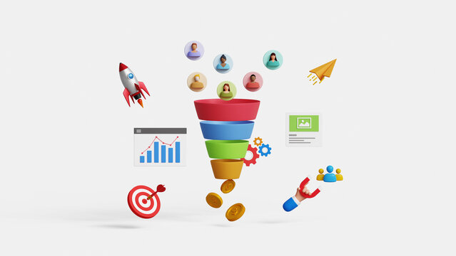 Lead generation, CRO, conversion rate optimization concept. Utilize website traffic, convert audience into sales. Inbound marketing strategy. 3D marketing funnel attracting audience