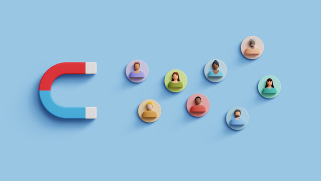 Customer acquisition concept. Business lead, Inbound marketing, customer retention. 3D magnet attract audience