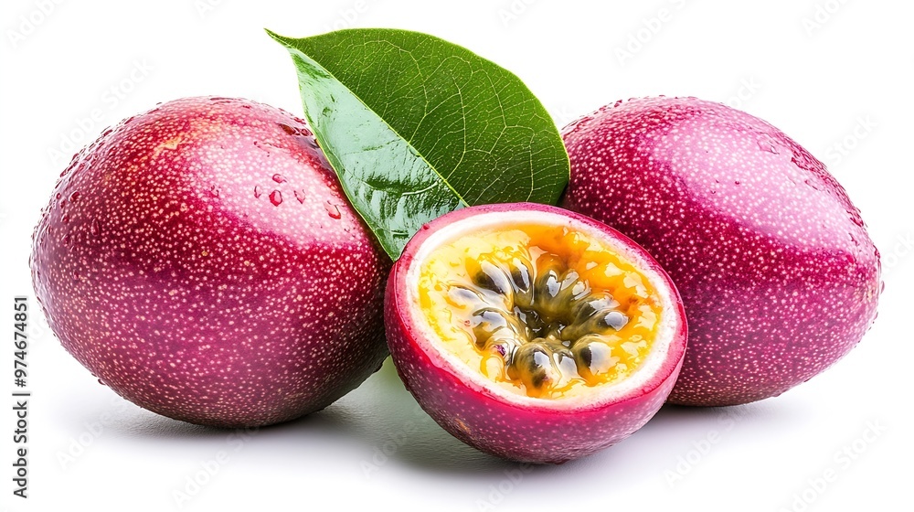 Poster passion fruit isolated with leaf passion maracuya fruit on white background with clipping path as de