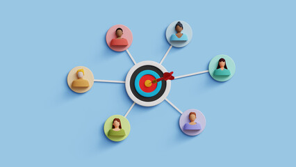 CRM, Customer relationship management concept. Business lead and customer generation, targeted marketing strategies. Customer profiles connected to a target. 3D illustration