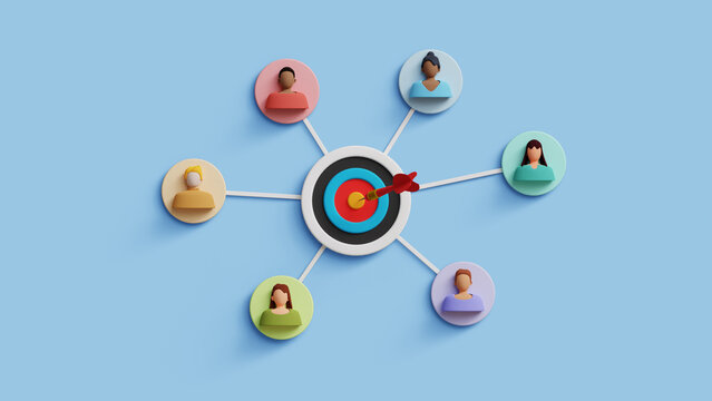 CRM, Customer relationship management concept. Business lead and customer generation, targeted marketing strategies. Customer profiles connected to a target. 3D illustration