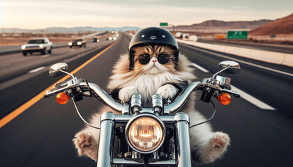 cat riding bike biker freeway highway fluffy freedom helmet sunglasses adventure rider