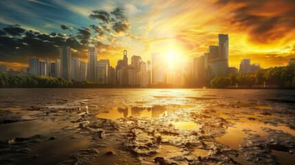 A city skyline is reflected in the water, with the sun setting in the background. Scene is serene and peaceful, as the city and water seem to be in harmony with each other