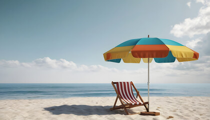 Colorful Beach Umbrella Under Blue Sky with Sandy Shoreline, Summer Relaxation and Vacation