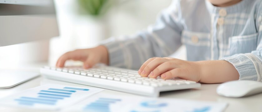 Child engaged in computer work, hands on keyboard, focused on learning or creative tasks, scattered charts on desk, bright workspace, nurturing environment.