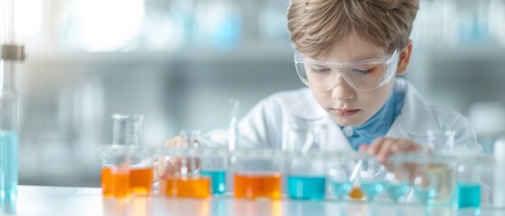 Fototapeta premium Young scientist conducting experiments, colorful liquids in beakers, focused expression, wearing lab coat and safety goggles, in a bright laboratory setting.