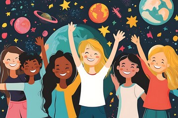 Diverse Group of Children Celebrate Diversity and Inclusion with a Space Theme.