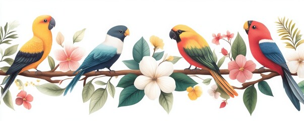 Obraz premium A vibrant illustration of colorful birds perched on a branch adorned with blossoms, perfect for nature and wildlife themes.