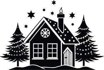 christmas home silhouette vector line art